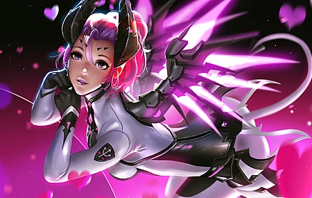 守望先锋 游戏 角色 奇幻女孩 翅膀 发光 尾巴 粉色 AI艺术  电脑壁纸 4K壁纸