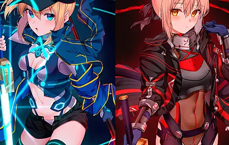 金发 橙色眼睛 动漫 动漫女孩 命运 剑 腮红 大腿 短裤  电脑壁纸 4K壁纸