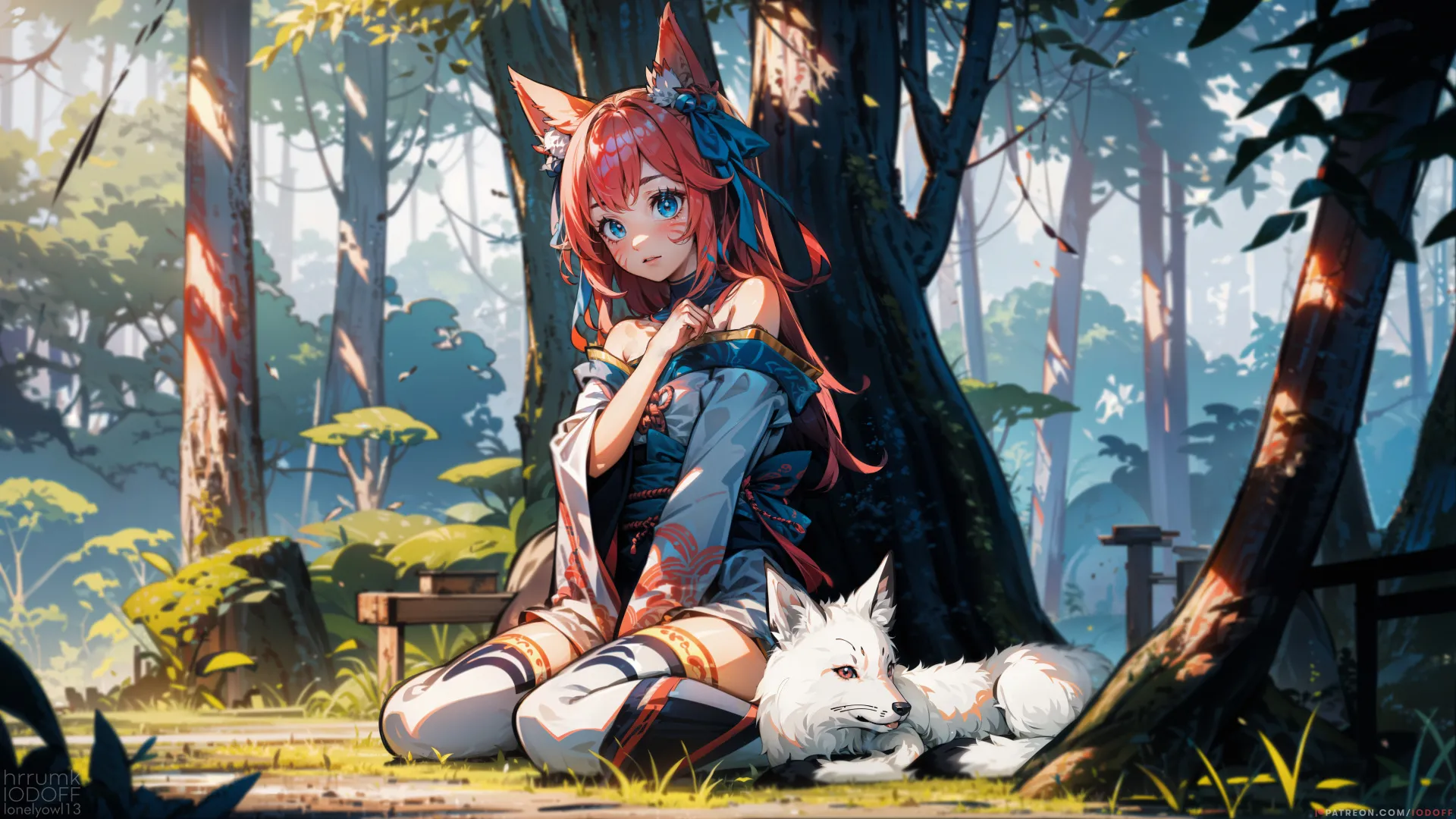 狐耳 阿赫里 英雄联盟 长发 艺术 少女 LOL 森林 树木 AI艺术 动物 树叶 阳光  电脑壁纸 8K壁纸