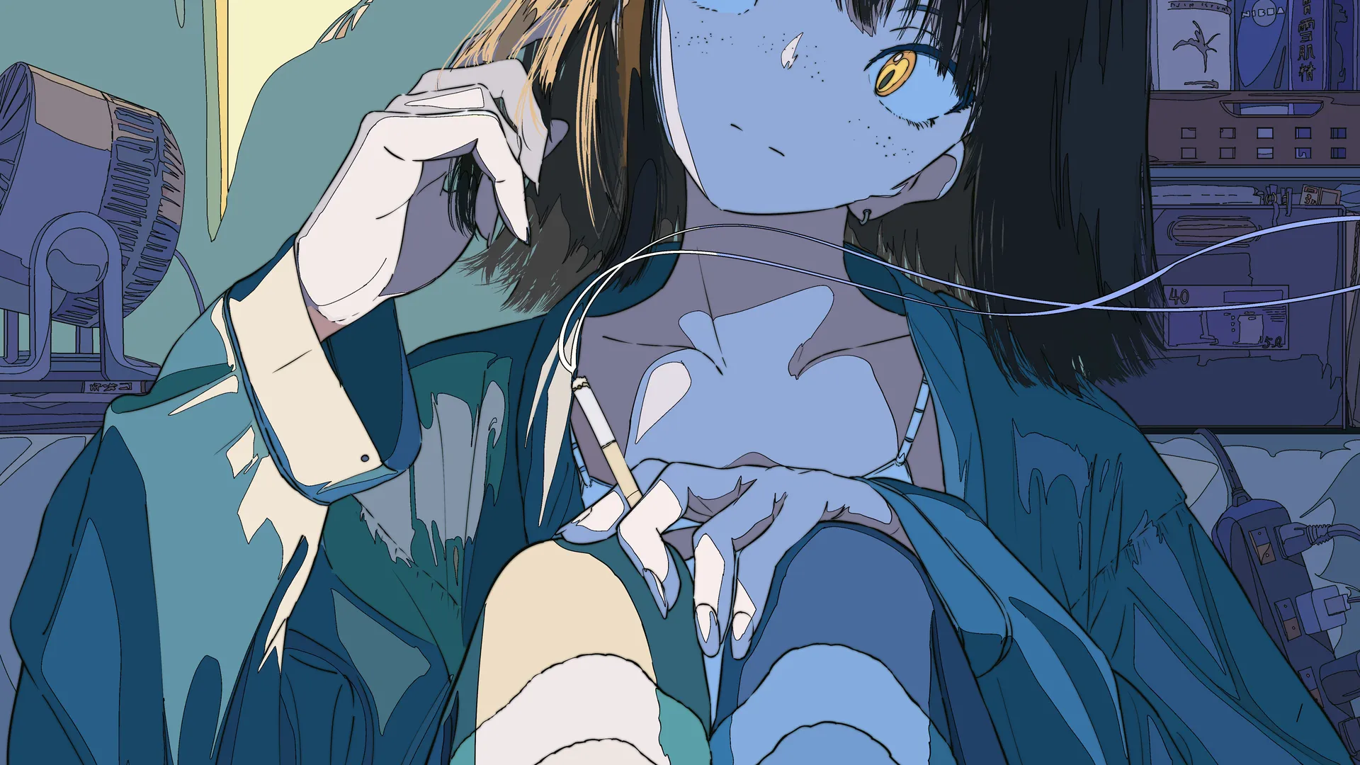 人物 黑发 动漫女孩 动漫 黄眼睛 香烟  手机壁纸 4K壁纸