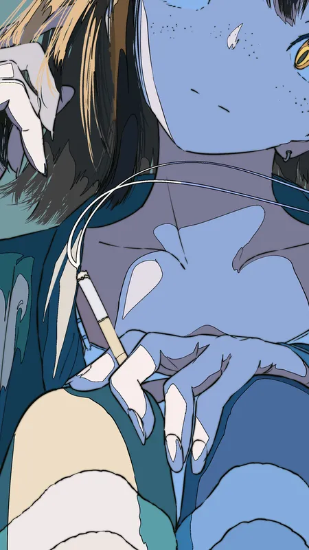 人物 黑发 动漫女孩 动漫 黄眼睛 香烟  手机壁纸 4K壁纸