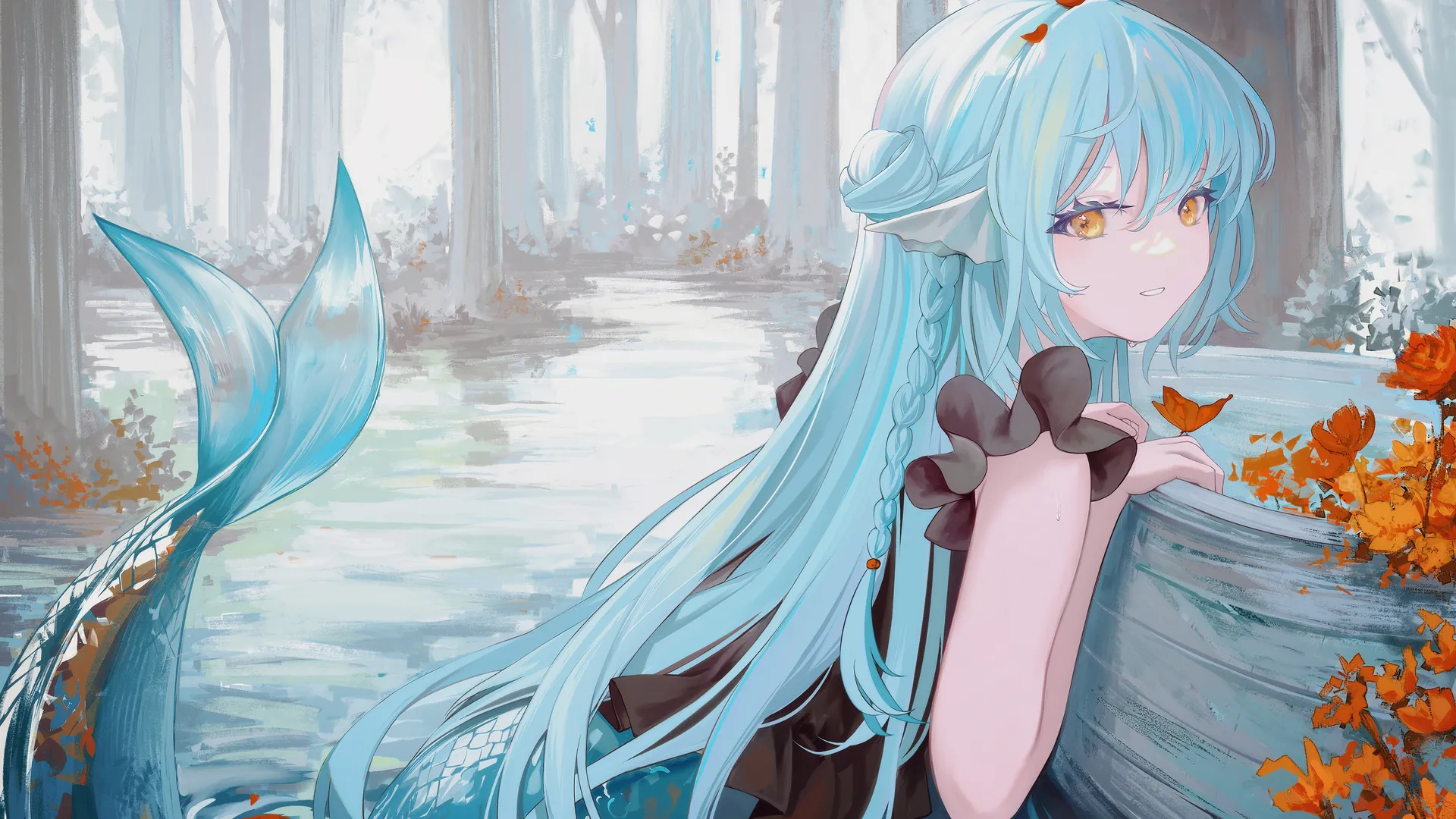 长发 蓝头发 辫子 动漫 动漫女孩 水 树 蝴蝶 黄眼睛 美人鱼  电脑壁纸 4K壁纸