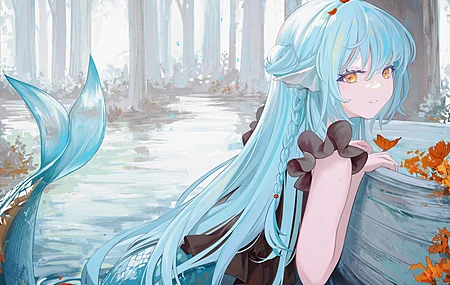 长发 蓝头发 辫子 动漫 动漫女孩 水 树 蝴蝶 黄眼睛 美人鱼  电脑壁纸 4K壁纸