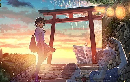 女学生 动漫 动漫女孩 校服 日落 夕阳 晚霞 动漫男孩 烟花  电脑壁纸 4K壁纸