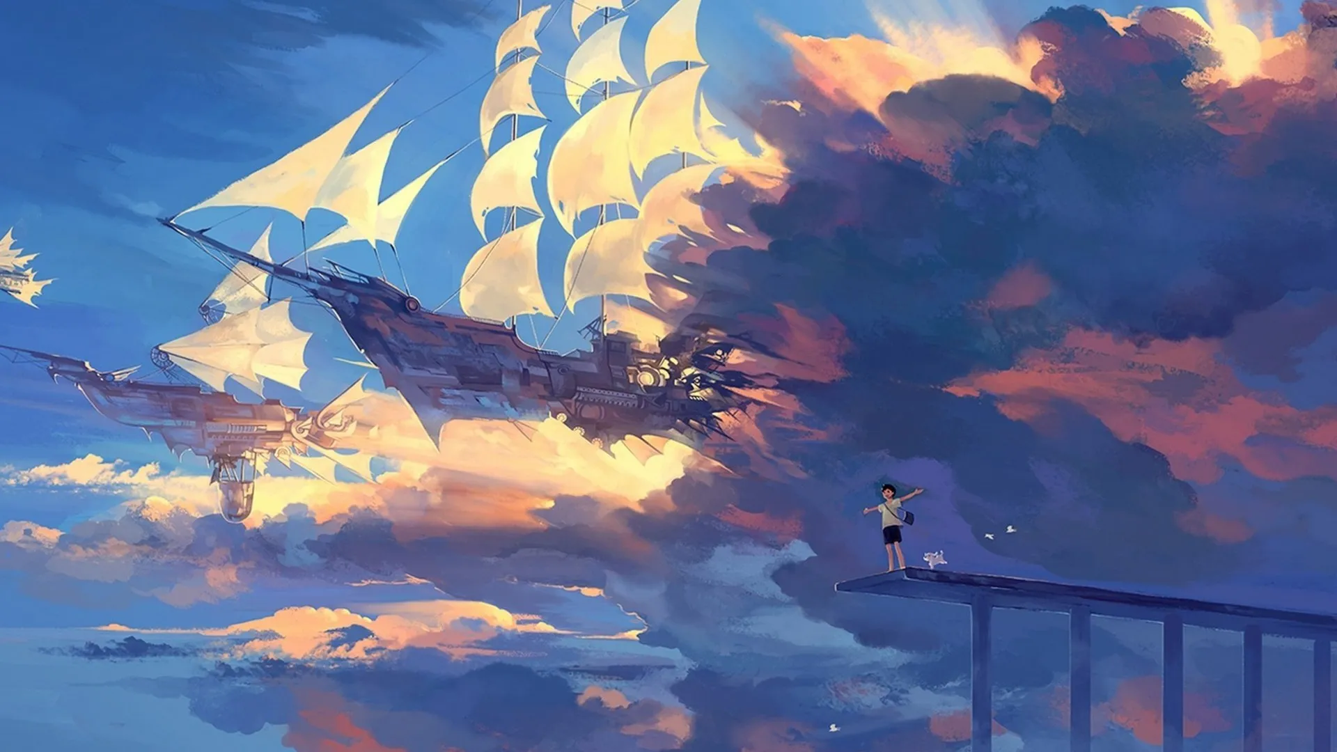 动漫 船 云 天空 飞艇 奇幻艺术 车辆 蓝色 治愈 电脑壁纸 4K壁纸