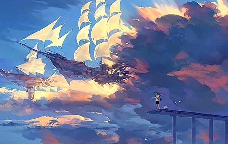 动漫 船 云 天空 飞艇 奇幻艺术 车辆 蓝色 治愈 电脑壁纸 4K壁纸