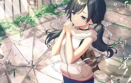 文成华 蓝眼睛 动漫 动漫女孩 AI艺术 高角 水滴 雨伞 黑发  电脑壁纸 4K壁纸