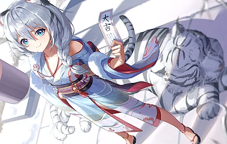 白发 蓝眼睛 动漫 动漫女孩 兽耳 老虎 服装 虎年  电脑壁纸 4K壁纸