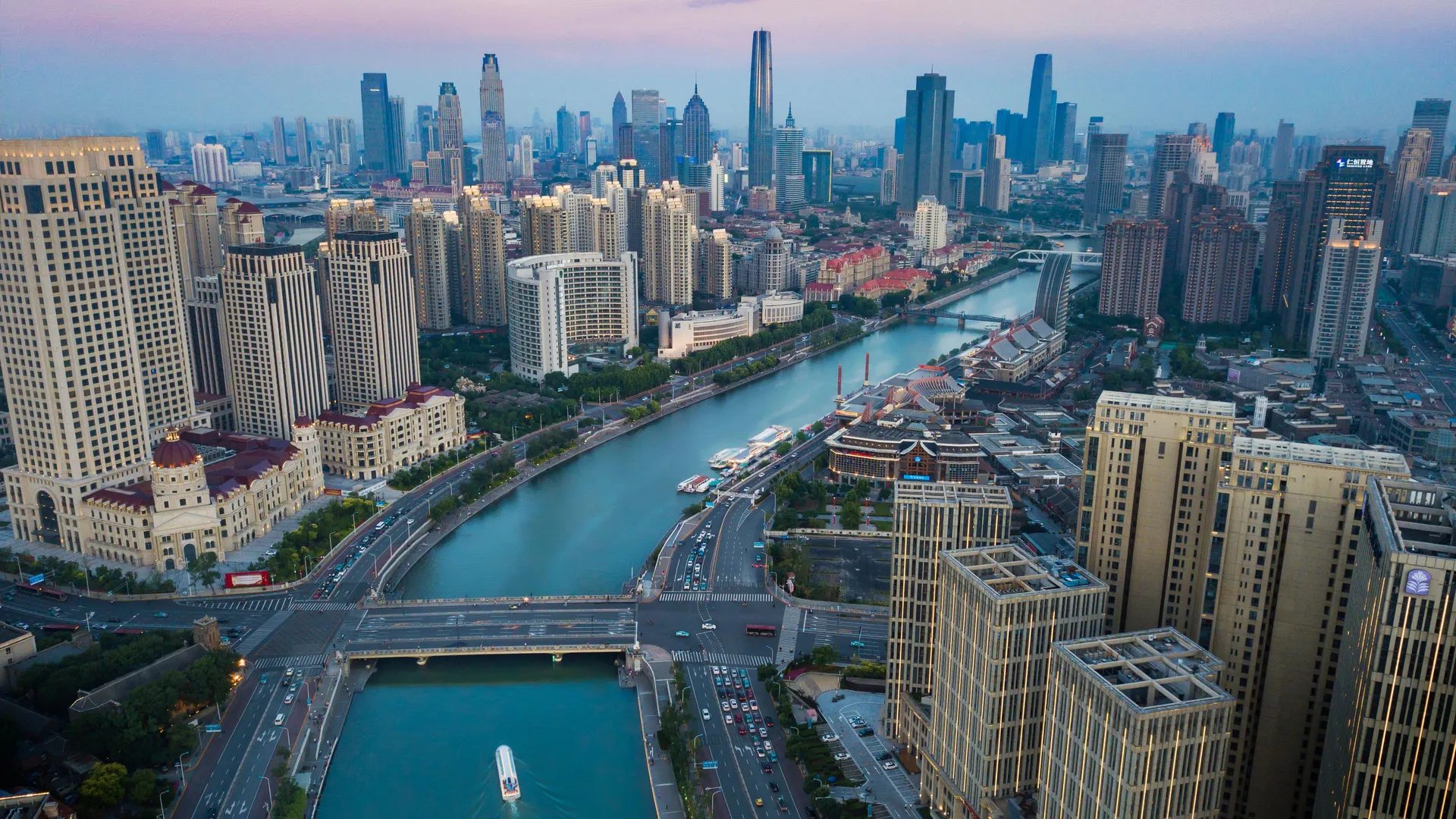 城市 景观 建筑 摩天大楼 河流 桥梁 船 水 天津 中国  电脑壁纸 4K壁纸