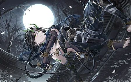 凯伦 绿色 眼睛 辫子 动漫 动漫女孩 黑发 忍者 女孩 夜晚 月亮  电脑壁纸 4K壁纸