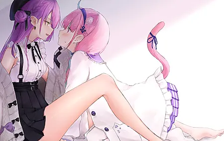 赤脚 女孩 绿眼睛 紫色头发 猫女孩 长发 动漫 动漫女孩 兽耳 尾巴 腮红 猫耳  电脑壁纸 4K壁纸