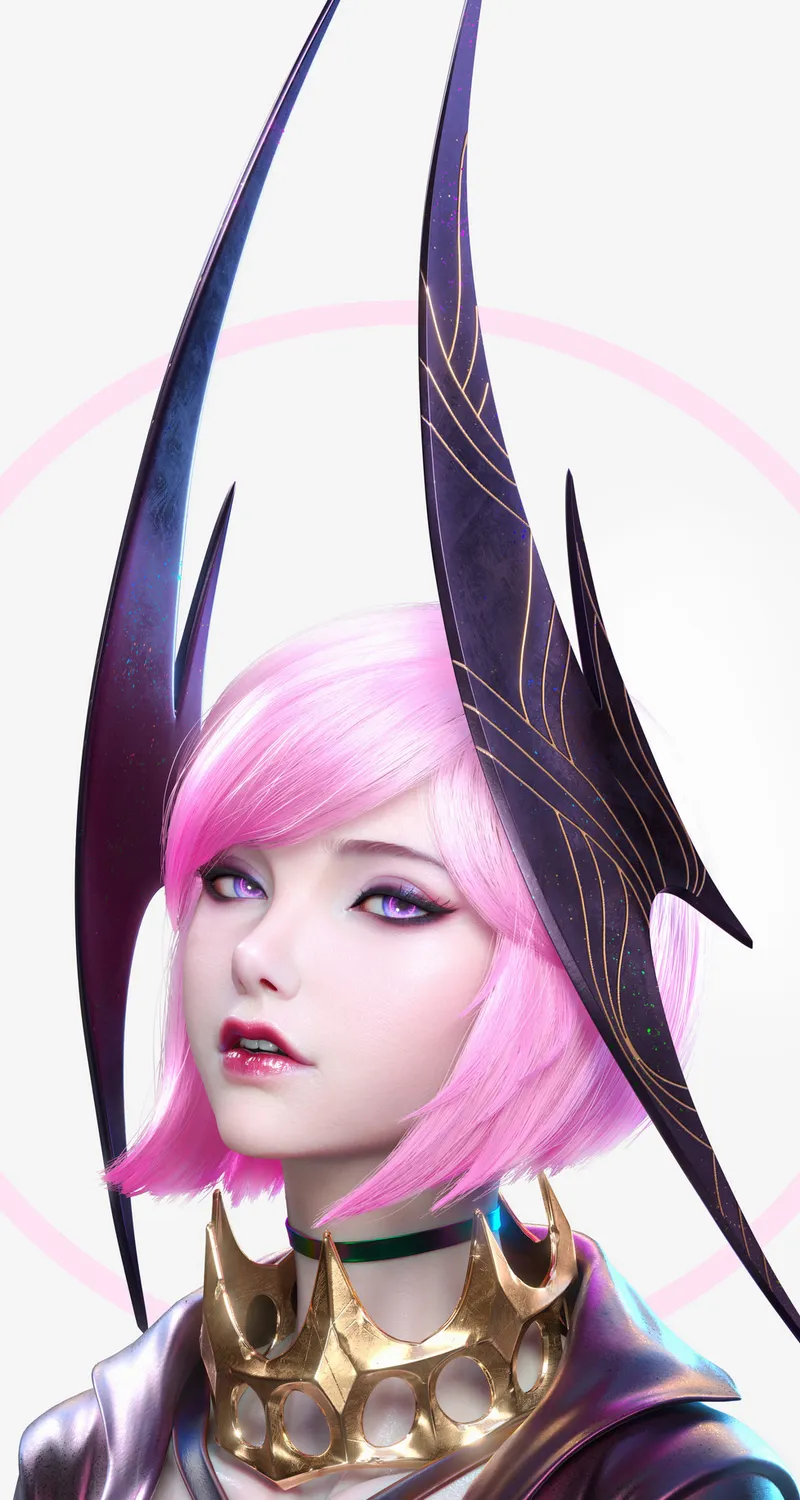 女人 粉色头发 短发 粉色眼睛 口红 金色 肖像 简单背景 白色  手机壁纸 4K壁纸