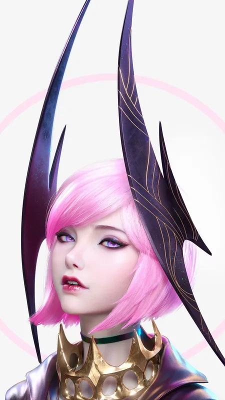 女人 粉色头发 短发 粉色眼睛 口红 金色 肖像 简单背景 白色  手机壁纸 4K壁纸