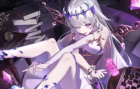  长发 动漫 动漫女孩 虚拟 书籍 紫色 眼睛 银发 连衣裙  电脑壁纸 4K壁纸