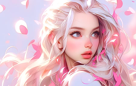 女人 长发 白发 灰色 眼睛  艺术 花瓣  电脑壁纸 4K壁纸