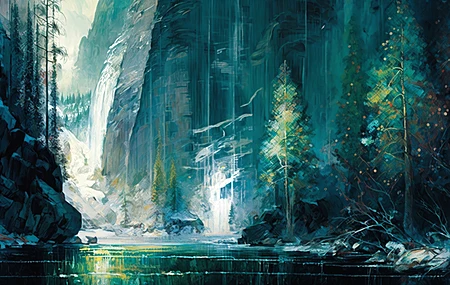 艺术 印象派 数字绘画 水 树木 瀑布 自然  电脑壁纸 4K壁纸