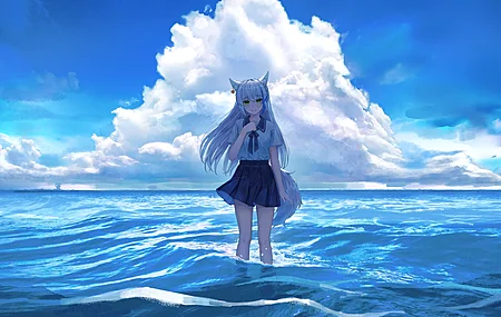 女学生 长发 狐狸耳朵 狐耳 狐狸尾巴 狐尾 动漫 动漫女孩 校服 大海 天空 云 猫耳朵 尾巴 狐狸少女  电脑壁纸 4K壁纸