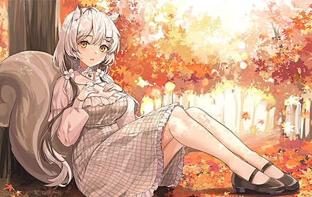 百合 女性 户外 长发 动漫 动漫女孩 松鼠 秋天 兽耳 尾巴 衣服 动物  电脑壁纸 4K壁纸