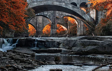 自然 河流 瀑布 桥梁 湖泊 水 瀑布 风景 森林  电脑壁纸 4K壁纸