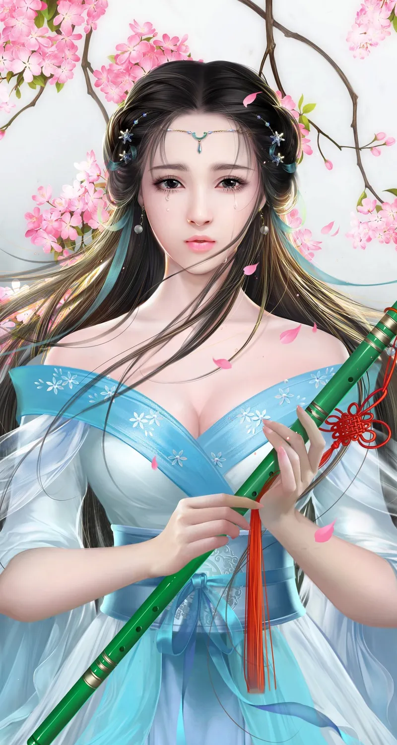 梦幻 女孩 深色 头发 眼泪 长笛 粉色花 连衣裙  绘画  手机壁纸 4K壁纸