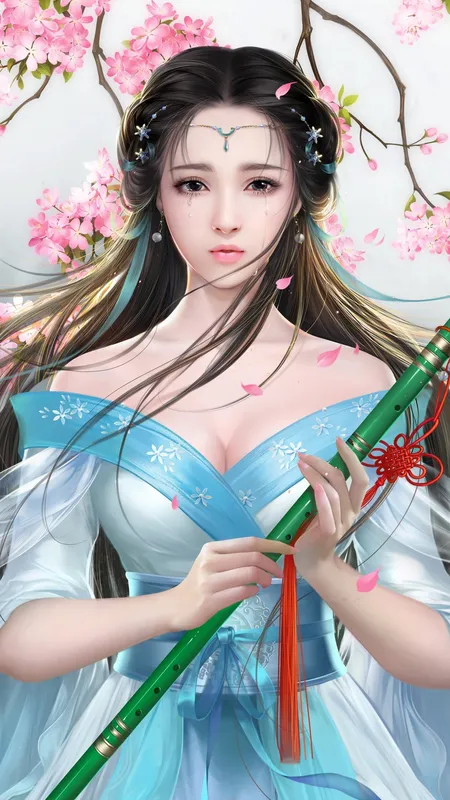 梦幻 女孩 深色 头发 眼泪 长笛 粉色花 连衣裙  绘画  手机壁纸 4K壁纸