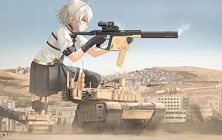短发 持枪女孩 动漫女孩 坦克 武器 少女前线 制服 天空 城市 建筑 军用车辆 手套 枪  电脑壁纸 4K壁纸