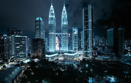 夜 霓虹灯 街灯 黑暗 城市 双子塔 蓝色 建筑 夜景 电脑壁纸 4K壁纸