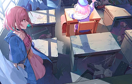 粉色 头发 短发 动漫 动漫女孩 教室 阳光 艺术  电脑壁纸 4K壁纸