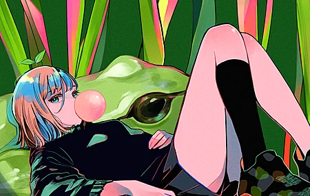 短发 粉色 头发 艺术家 动漫 动漫女孩 青蛙  口香糖 袜子 泡泡糖   电脑壁纸 4K壁纸