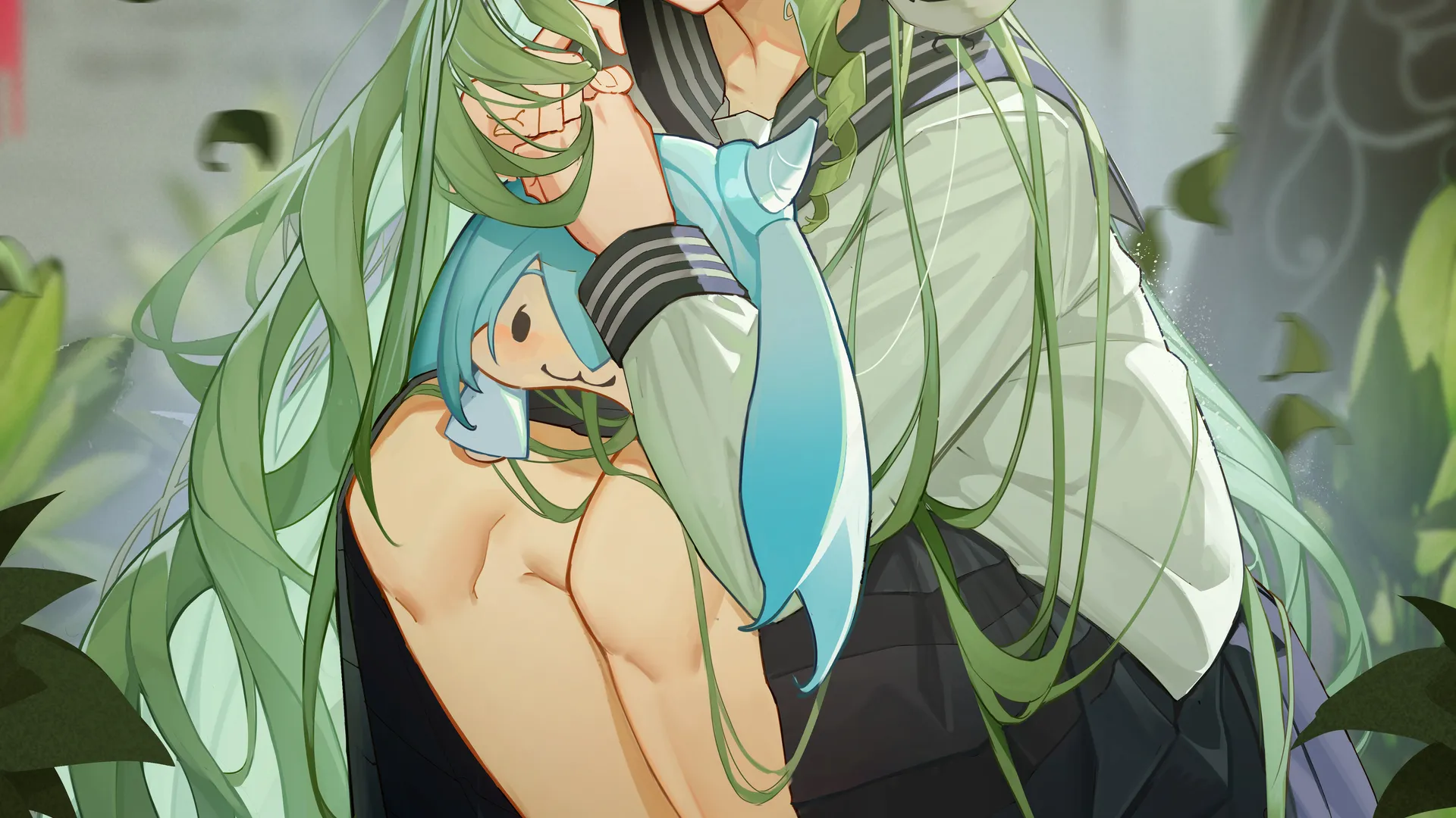 绿头发 长发 绿眼睛 女学生 原神 艺术 校服 迷你裙 眼镜 鸟 树叶 动漫 动漫女孩  手机壁纸 4K壁纸