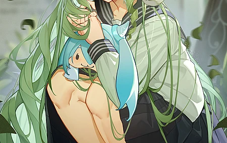 绿头发 长发 绿眼睛 女学生 原神 艺术 校服 迷你裙 眼镜 鸟 树叶 动漫 动漫女孩  手机壁纸 4K壁纸