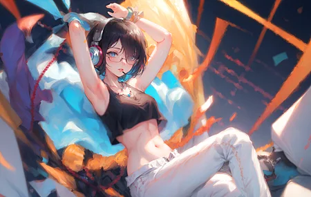 蓝眼睛 肚皮 短发 深色眼睛 动漫 动漫女孩 艺术 眼镜 耳机 黑色 项链  电脑壁纸 4K壁纸