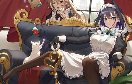  七夕 木美 动漫女孩 女仆 女仆装 沙发 虚拟 猫 叶子 短发 电脑壁纸 4K壁纸