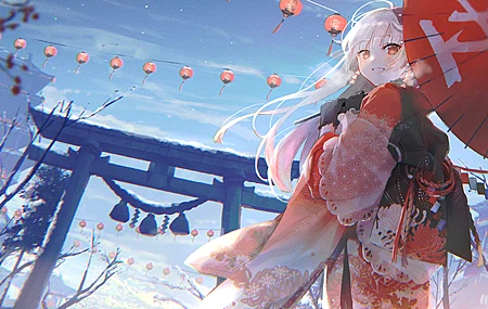  红眼睛 微笑 动漫 动漫女孩 雪 银发 伞 服装 和服 新年  电脑壁纸 4K壁纸