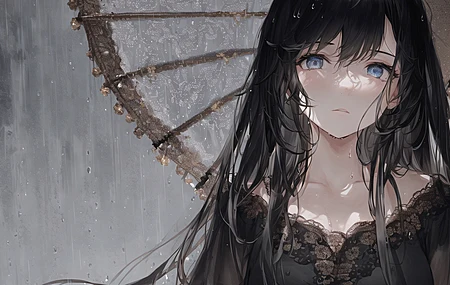 蓝眼睛 长发 黑发 雨 伞 动漫女孩 衣服 艺术  电脑壁纸 4K壁纸