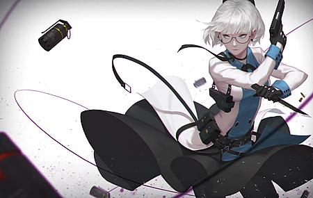 白发 短发 蓝眼睛 动漫 动漫女孩 简单 白色 裙子 武器  电脑壁纸 4K壁纸