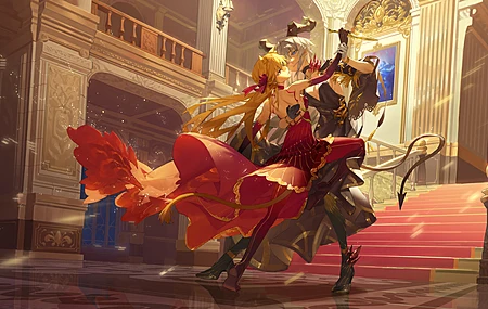 长发 动漫 动漫女孩 连衣裙 手套 楼梯 高跟鞋 舞蹈 项链 尾巴  电脑壁纸 4K壁纸