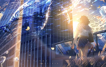 女学生 散步 动漫 动漫女孩 校服 日落 夕阳辉光 鲸鱼 水 天空 云 裙子 动物 水母 鱼 包 花  电脑壁纸 4K壁纸