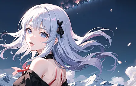 艺术 银发 动漫女孩 云 雪 山 花瓣  电脑壁纸 4K壁纸