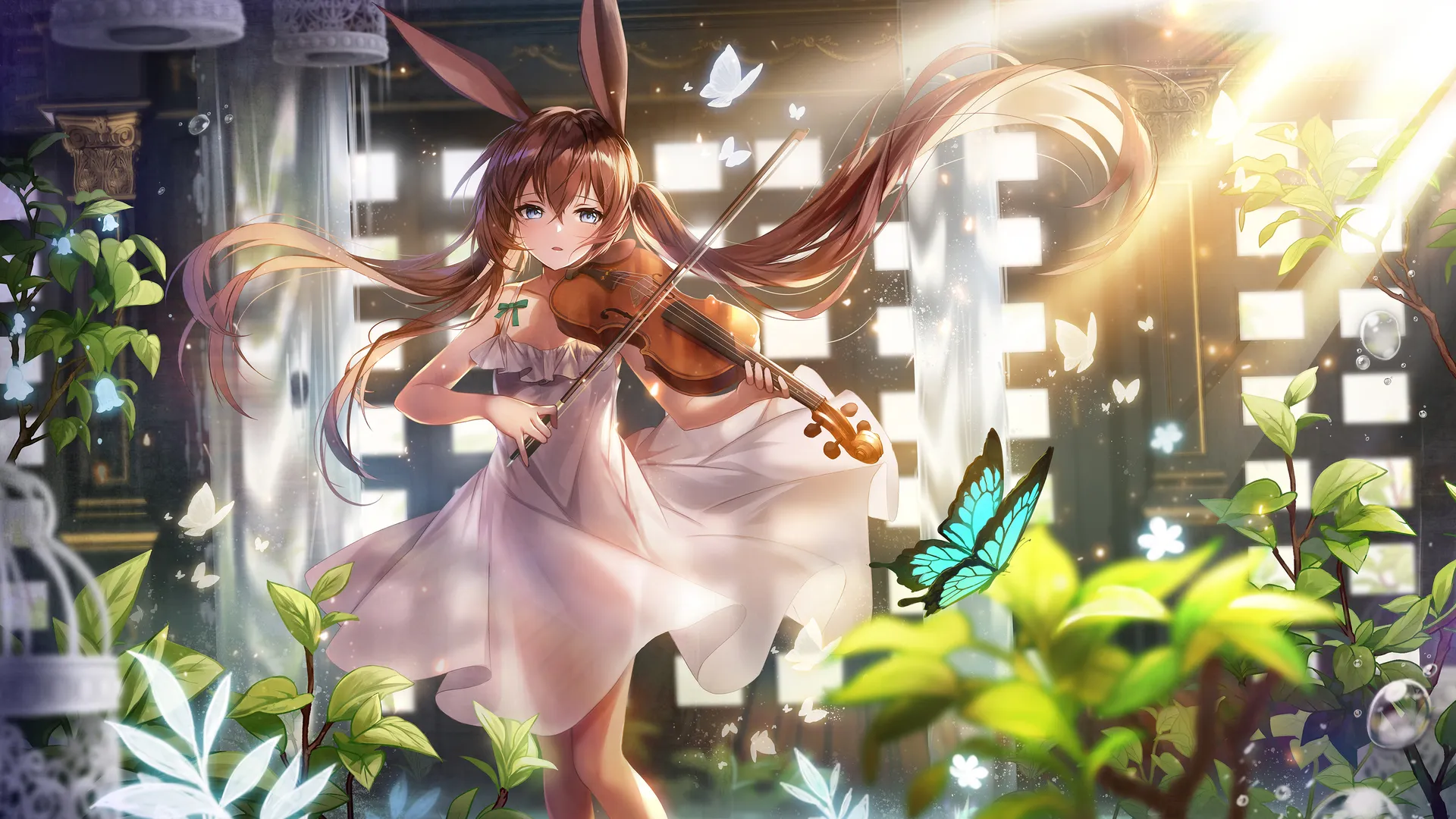黑发 蓝眼睛 苹果 小提琴 花园 夏天 神枪手 动漫 动漫女孩 阳光 兔女郎 双尾 太阳裙 阿米亚 明日方舟 电脑壁纸 4K壁纸