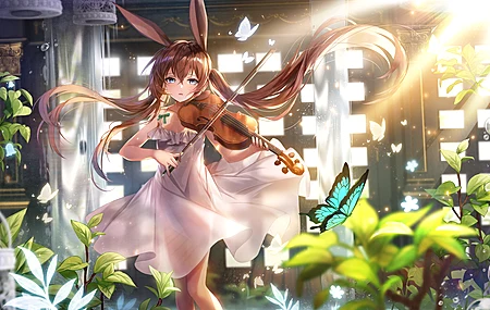 黑发 蓝眼睛 苹果 小提琴 花园 夏天 神枪手 动漫 动漫女孩 阳光 兔女郎 双尾 太阳裙 阿米亚 明日方舟 电脑壁纸 4K壁纸