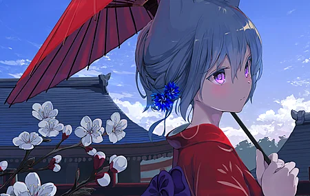 猫女孩 蓝头发 动漫 动漫女孩 AI艺术 兽耳 鲜花 户外 紫色 眼睛 服装 雨伞 猫耳朵 云 天空  电脑壁纸 4K壁纸