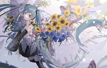 长发 蓝头发 蓝眼睛 初音 花 蝴蝶 向日葵  双尾 小提琴 动漫女孩  电脑壁纸 4K壁纸