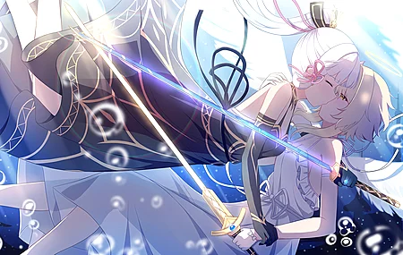 动漫 动漫女孩 连衣裙 原神  剑 武器 水 泡泡 水下 翅膀 阳光  电脑壁纸 4K壁纸