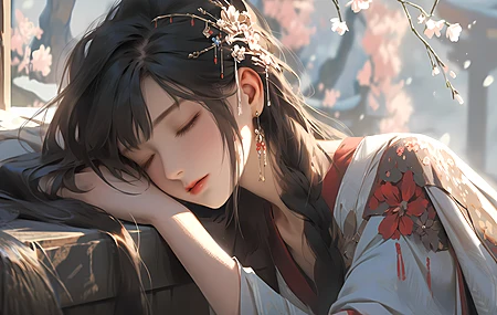 闭着眼睛 长发 辫子 女人 睡觉 耳环 阳光 树枝 鲜花 艺术  电脑壁纸 4K壁纸