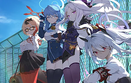  长发 站立 女学生 动漫 动漫女孩 蔚蓝档案 栅栏 天空 云 校服  手套  电脑壁纸 4K壁纸