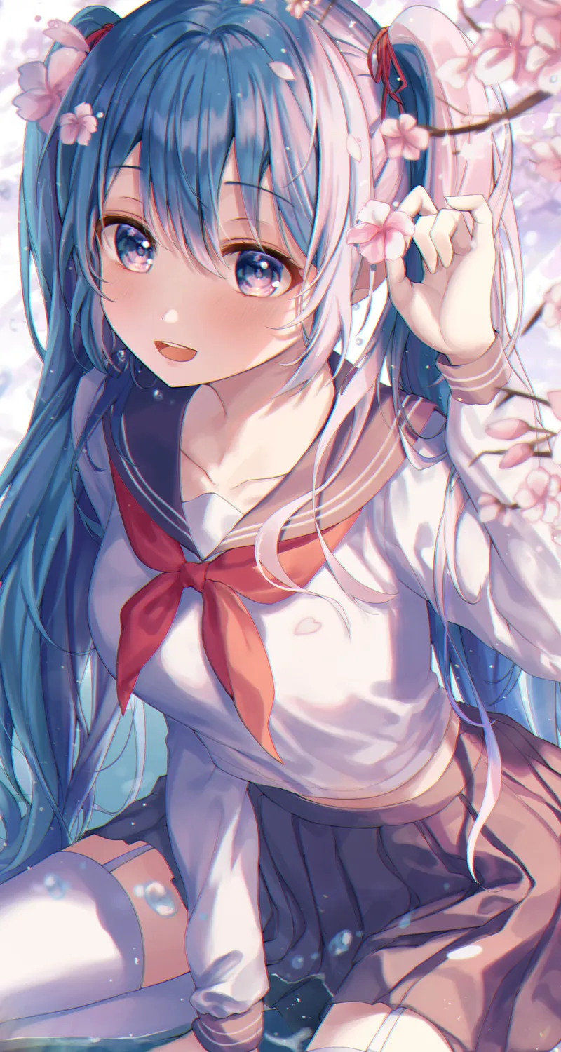  动漫 动漫女孩 初音 水 白色袜子 大腿 校服 樱花  手机壁纸 4K壁纸