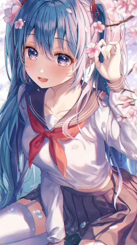  动漫 动漫女孩 初音 水 白色袜子 大腿 校服 樱花  手机壁纸 4K壁纸