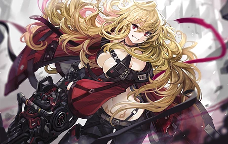 人物 女人 金发 长发 红眼睛 微笑 奇幻女孩 动漫女孩 动漫  武器 科幻 AI艺术 绘画  电脑壁纸 4K壁纸