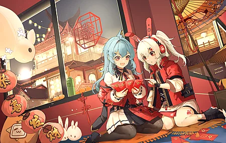  女孩 兔子耳朵 新年 红包 兔子 剪纸 中国新年 福贴 动漫女孩 星眼 耳机  电脑壁纸 4K壁纸